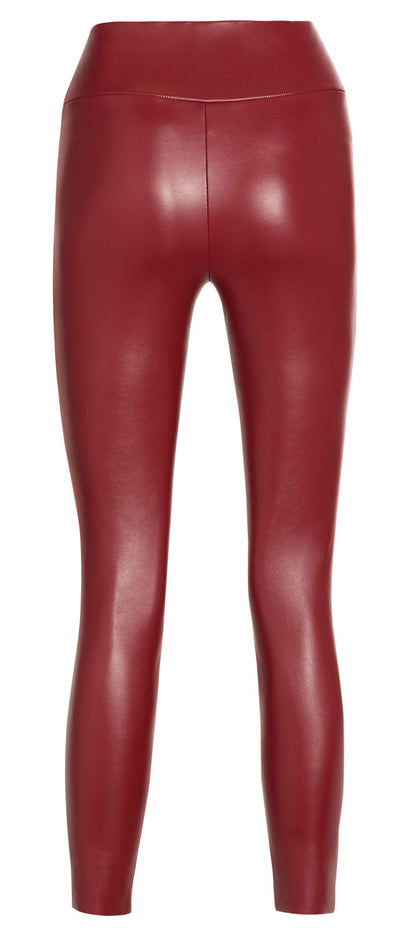 Ysabel Mora 70281 Leggings - Maroon red high waisted faux leather fleece lined trouser leggings with zip closure, ring pull, deep waist band with darts at the back to ensure a snug fit.