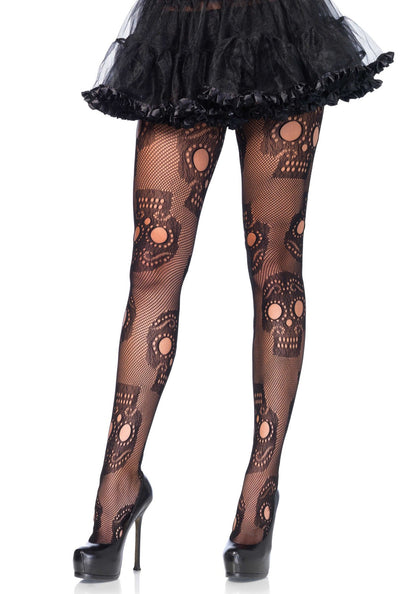 Leg Avenue 9982 Sugar skull net pantyhose - black openwork fishnet tights with day of the dead style skulls