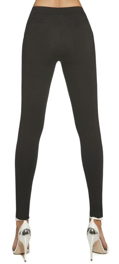 BasBleu Iggy Leggings - black mid rise leggings with faux back pockets detail with push-up effect