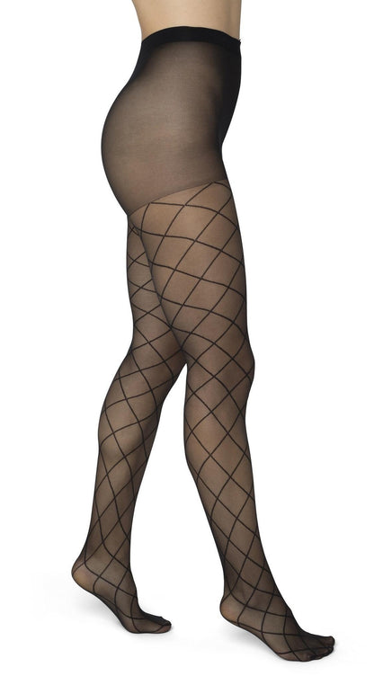 Bonnie Doon Rhombus Tights - Sheer black fashion tights with a diamond linear pattern.