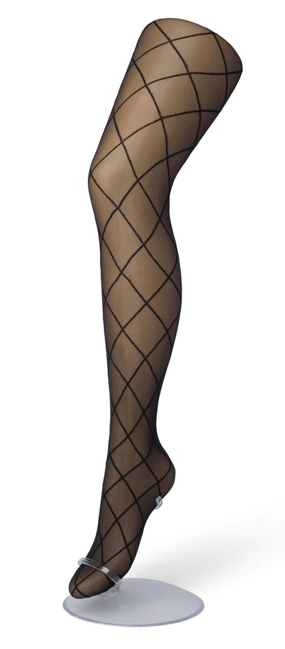 Bonnie Doon Rhombus Tights - Sheer black fashion tights with a diamond linear pattern.