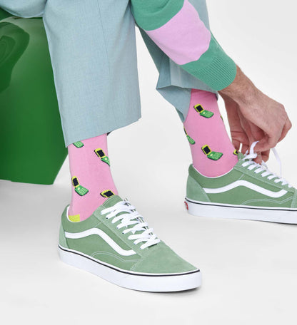 Happy Socks CMM01-3300 Call Me Maybe Sock - Light pink cotton socks with a flip phone style pattern in shades of green and black, bright lime green heel and black toe.