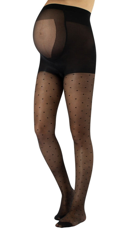 Calzitaly Maternity Spot Tights - Sheer black maternity tights with a light polka dot pattern and long opaque panelled top to snugly fit over bump flat seams, cotton gusset and reinforced toe.