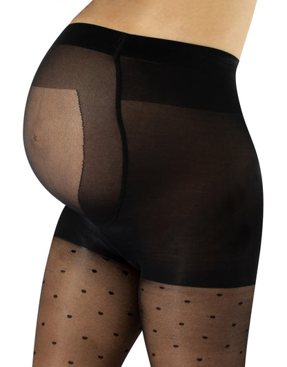 Calzitaly Maternity Spot Tights - Sheer black maternity tights with a light polka dot pattern and long opaque panelled top to snugly fit over bump flat seams, cotton gusset and reinforced toe.