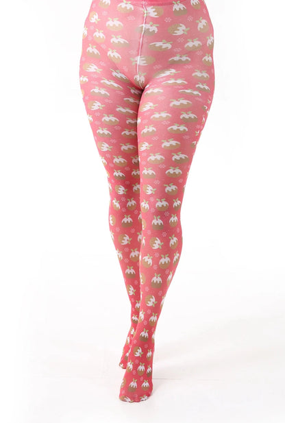 Pamela Mann Christmas Pudding Tights - Printed novelty Xmas tights with an all over Xmas pudding print pattern on a bright red background.