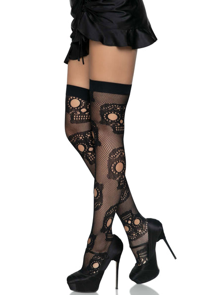 Leg Avenue 6626 Skull Net Thigh Highs - Black openwork fishnet thigh high socks with skull pattern and reinforced toe.