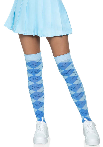 Leg Avenue Argyle Thigh Highs - Blue knitted argyle diamond golf style patterned over the knee socks.