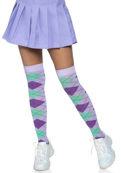 Leg Avenue Argyle Thigh Highs - Purple, lilac and mint green knitted argyle diamond golf style patterned over the knee socks.