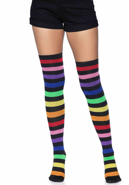 Leg Avenue 6927 Rainbow Thigh Highs - Black over the knee/thigh high socks with multicoloured rainbow horizontal stripes.