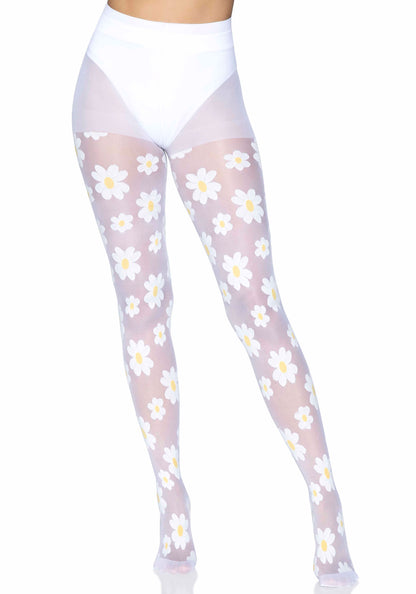 Leg Avenue 7752 Sheer white tights with a woven daisy flower pattern.