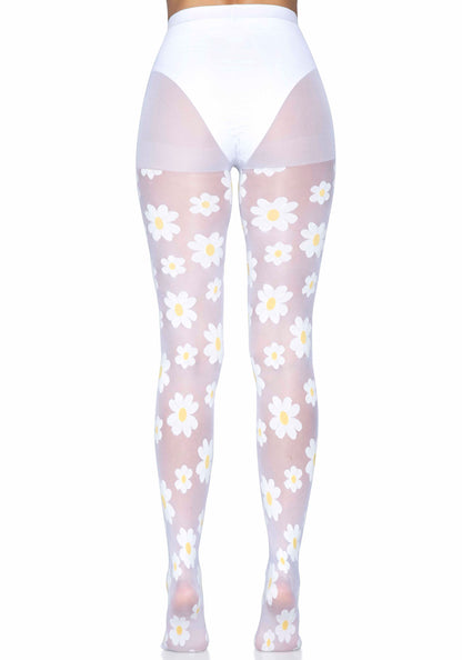 Leg Avenue 7752 Sheer white tights with a woven daisy flower pattern.