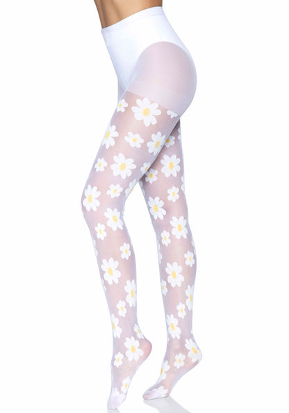 Leg Avenue 7752 Sheer white tights with a woven daisy flower pattern.