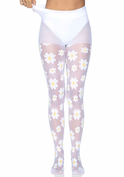 Leg Avenue 7752 Sheer white tights with a woven daisy flower pattern.