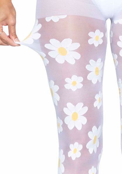 Leg Avenue 7752 Sheer white tights with a woven daisy flower pattern.