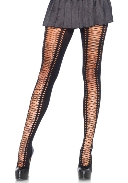 Leg Avenue 7925 Black Opaque Crochet Faux Lace Up Pantyhose - openwork tights