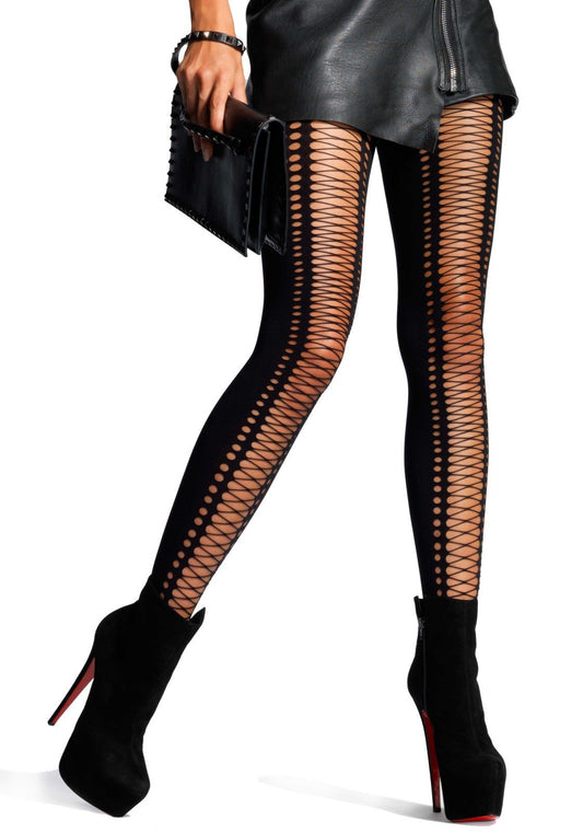 Leg Avenue 7925 Black Opaque Crochet Faux Lace Up Pantyhose - openwork tights