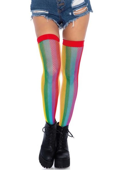 Leg Avenue 9290 Rainbow Fishnet Thigh Highs - Classic fishnet thigh high socks with vertical rainbow colour stripes and plain red elasticated top.