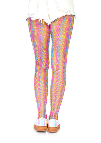 Leg Avenue 9308 Lurex Rainbow Fishnet Tights - Micro fishnet sparkly glitter tights with vertical rainbow coloured stripes.