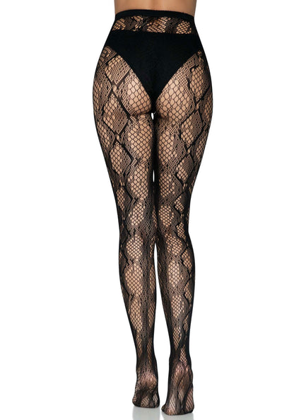 Leg Avenue 9719 Python Net Tights - Black fishnet lace tights with woven snake skin print style pattern.