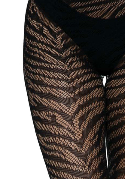 Leg Avenue 9722 Zebra Net Tights - Black fishnet lace tights with woven zebra print style pattern.