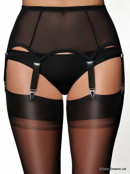 Nylon Dreams NDL61 6 Strap Powermesh Suspender Belt - sheer black tulle high waisted 1940's vintage style garter belt with thick straps