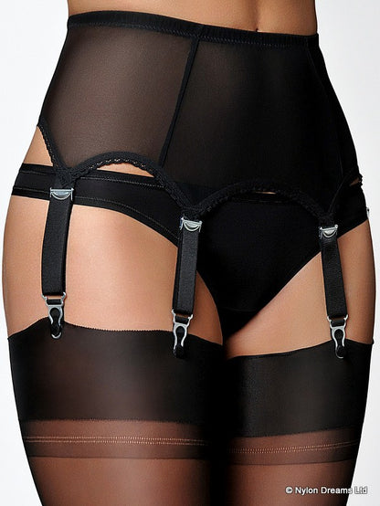 Nylon Dreams NDL61 6 Strap Powermesh Suspender Belt - sheer black tulle high waisted 1940's vintage style garter belt with thick straps