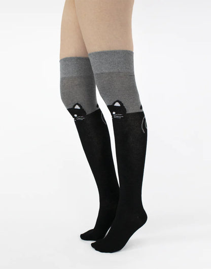 Pamela Mann Cat Over-Knee Socks - Cotton mix over the knee socks with a cute black cat on the front, tail on the back with grey top and deep elasticated cuff.