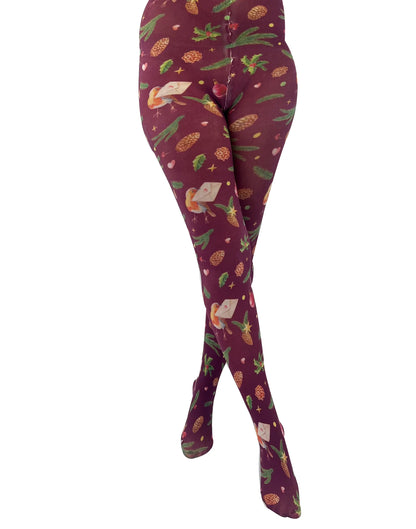 Pamela Mann Robin Printed Tights - White opaque tights with an all over Christmas themed print of Robins delivering letters, holly, pine cones, baubles, stars and hearts on a wine / burgundy background.