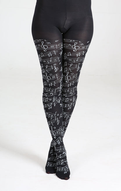 Pamela Mann Musical Notes Tights - black fashion tights with white music notes print