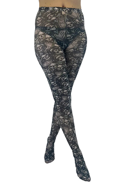 Pamela Mann RIP Skul Reaper Printed Tights - White opaque tights with an all over print of hooded skulls and headstones in shades of grey, mint green and a hint of neon green on a black background. Perfect for Halloween.