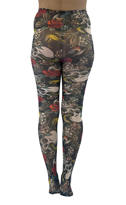 Pamela Mann Skull & Snake Tights - opaque tights with an all over print of skulls, snakes, roses and butterflies on a black background, perfect for Halloween or Day of the Dead