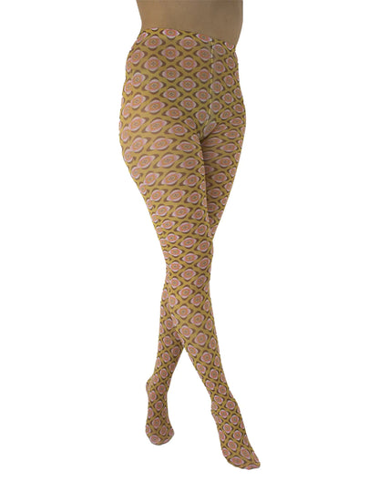 Pamela Mann Nostalgia Tights - White opaque tights with an all over 70's style stylised flower pattern print in pale pink, cream, orange and wine on a mustard background.