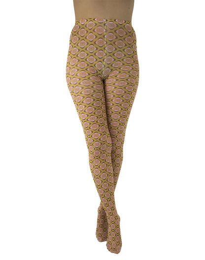 Pamela Mann Nostalgia Tights - White opaque tights with an all over 70's style stylised flower pattern print in pale pink, cream, orange and wine on a mustard background.