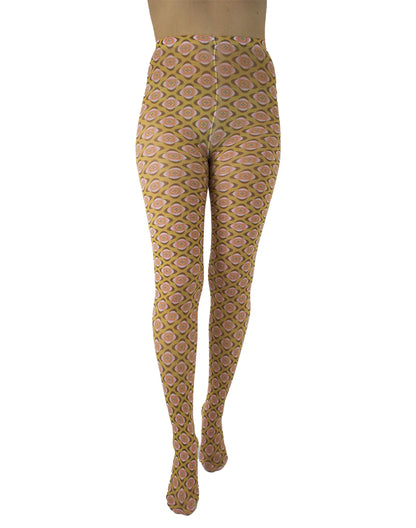 Pamela Mann Nostalgia Tights - White opaque tights with an all over 70's style stylised flower pattern print in pale pink, cream, orange and wine on a mustard background.