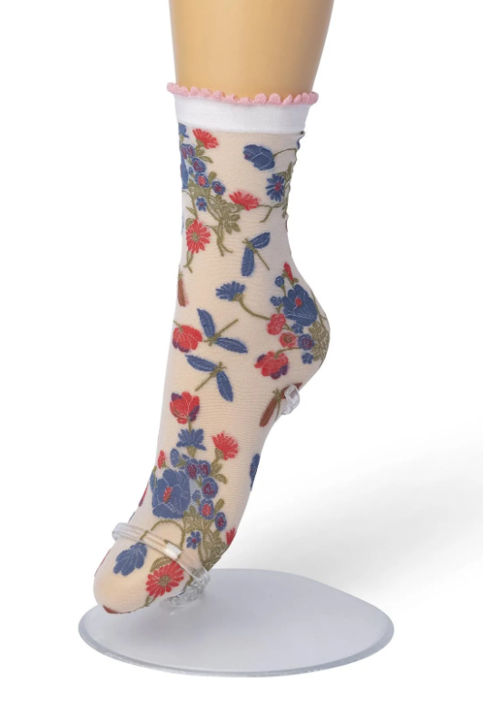 Bonnie Doon Retro Flower Sock - Sheer fashion ankle socks with a woven floral pattern and scalloped edge cuff.