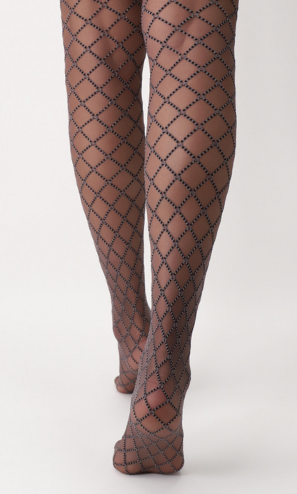 OroblÌ_ VOBC6664 Rich Diamond Collant - Sheer taupe brown micro-mesh effect fashion tights with a black and silver woven diamond pattern, gusset, flat seams and deep comfort waistband.