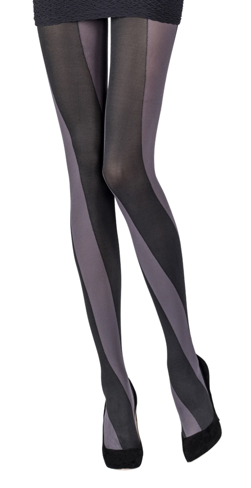 Emilio Cavallini Double Spiral Tights - Ultra opaque fashion tights with a large spiral stripe pattern in black and grey.