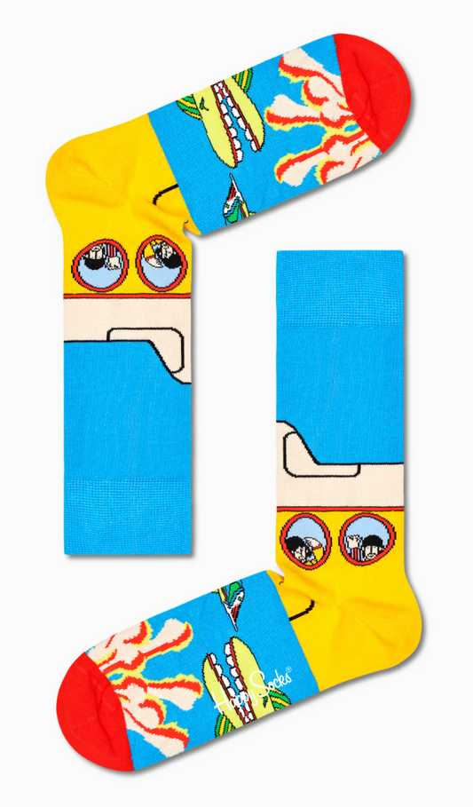 Happy Socks Yellow Submarine - The iconic "Yellow Submarine" is the inspiration for these bold socks, with bright illustrations of the submarine in a bright blue ocean with sea creatures and the Beatles band members looking out the windows, available in men and women's sizes