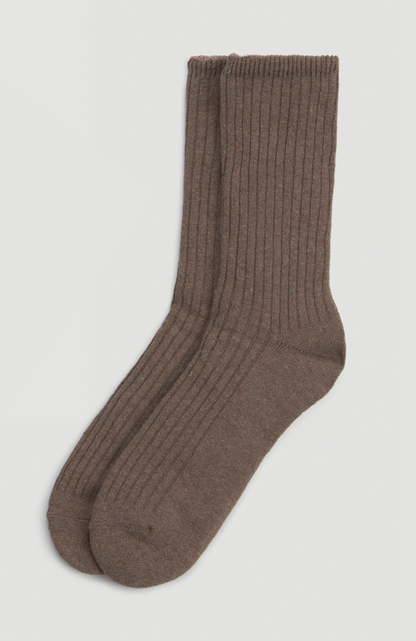 Ysabel Mora Double Sock - Light brown soft and warm fleece lined knitted ribbed socks with soft top cuff.