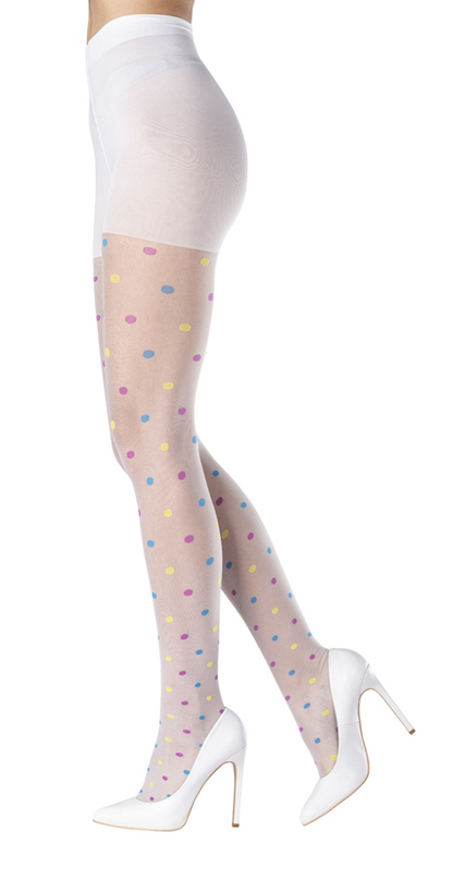 Emilio Cavallini Multi Spot Tights - Sheer white fashion tights with a woven multi-coloured polka dots pattern in pink, yellow and blue.