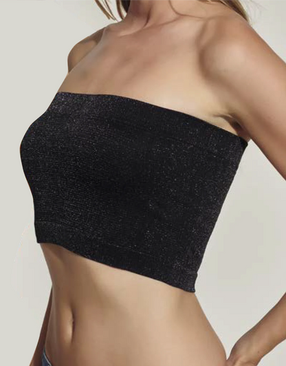 Trasparenze Cumino Top - Sparkly silver glitter lurex bandeau tube crop top in black