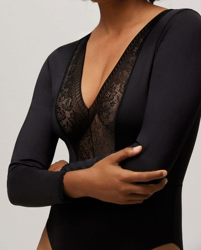 Ysabel Mora 10093 Lace Trim bodysuit - Black long sleeved v-neck body top with a floral lace panelled front, lace cuff trim and two rows of adjustable hook and eye fasteners.