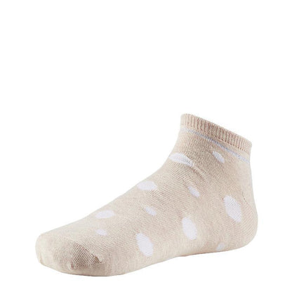 Ysabel Mora 12689 Stripes and Spots low socks - Two pack of low ankle socks with sparkly silver lurex cuffs, one pair has a white polka dot pattern and the other has a thin horizontal stripe pattern.