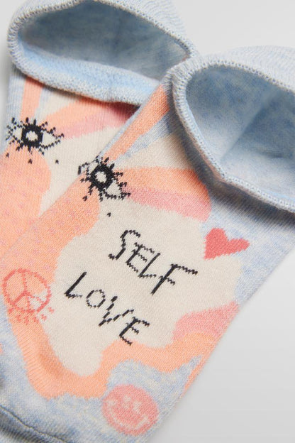 Ysabel Mora 12860 Self Love Liners - Light fleck grey cotton low ankle sneaker socks with "self love" text, peace sign, smiley face, heart and eye detail in shades of cream, peach and pink.