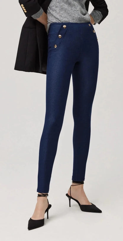 Ysabel Mora 70170 Buttoned Jeggings - High rise dark denim jean leggings (jeggings) with faux front pockets lined with gold buttons and back pockets.