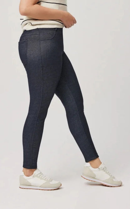 Ysabel Mora 70176 Thermal Jeggings - Mid rise dark denim jean leggings (jeggings) with a light fleck throughout, thick grey fluffy fleece lining, belt loops, faux fly zip stitching and rear pockets.