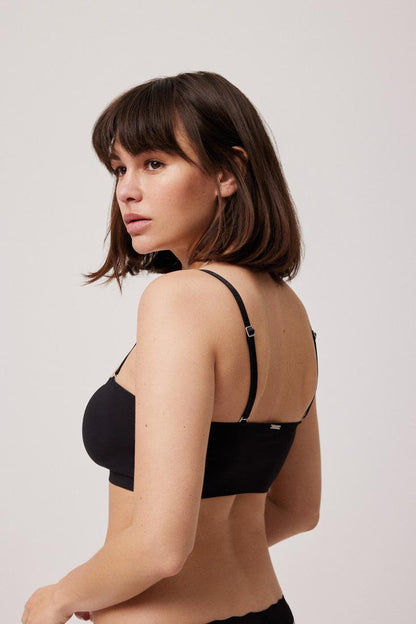 Ysabel Mora 10110 Bandeau Top - Plain black flat seamed bandeau tube top with removable pads and removable adjustable straps.