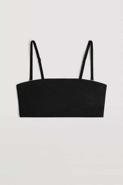 Ysabel Mora 10110 Bandeau Top - Plain black flat seamed bandeau tube top with removable pads and removable adjustable straps.