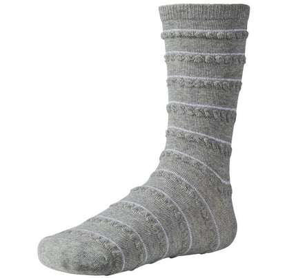 Ysabel Mora 12607 - light grey cotton ankle socks with silver and ruched horizontal stripes