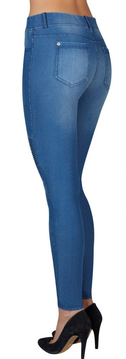 Ysabel Mora 70238 Biker Style Jeggings - denim blue cotton stretch jean leggings with ribbed panelling at the knee.